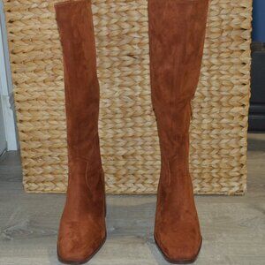 Mcccute 7.5 Caramel Brown Faux Suede High Boots Square Toes